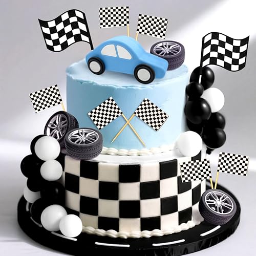 Miniatura 4 de JeVenis Decoración de pastel de coche de carreras, decoración de pastel de bandera a cuadros, decoración de pastel de crecer dos cumpleaños rápido