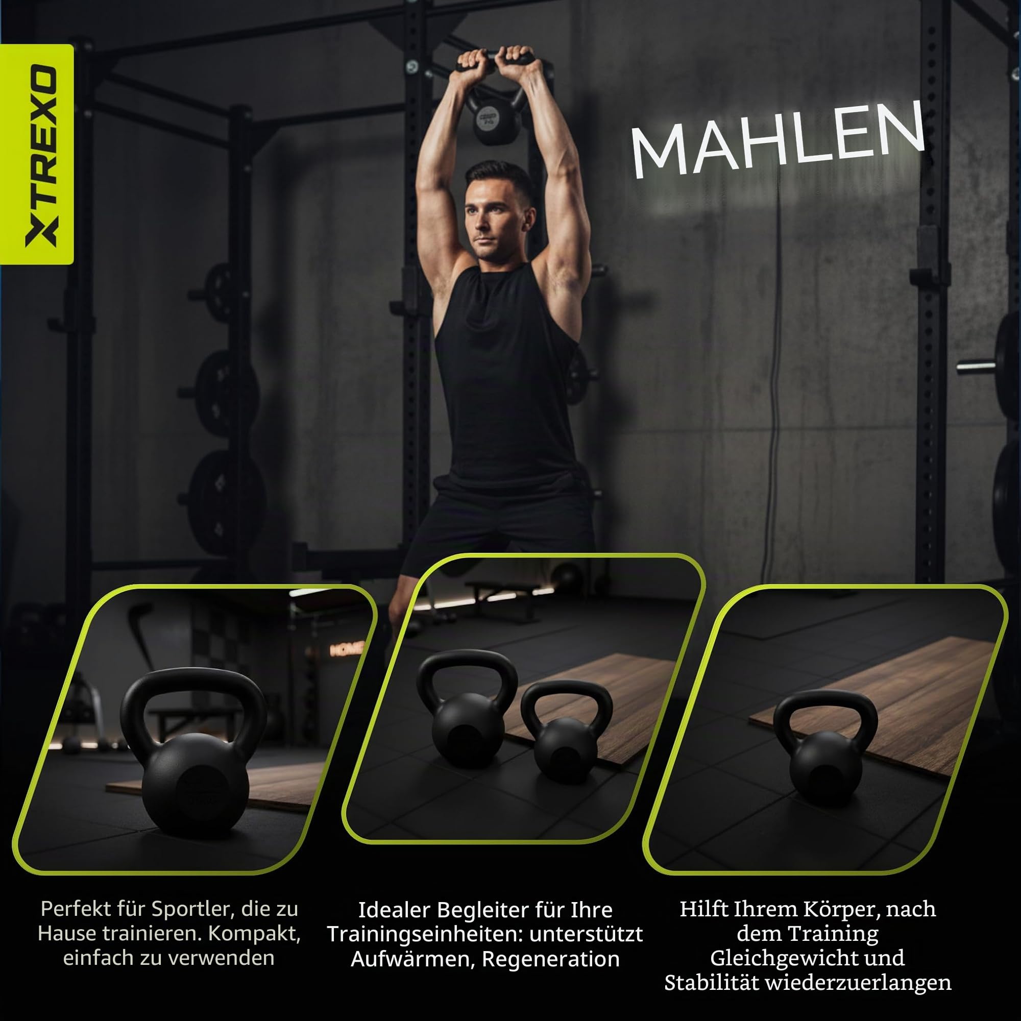 XTREXO Kettlebell Gusseisen, Kugelhantel Guss mit Flachem Boden, Pulverbeschichteter Griff, Schwunghantel für Krafttraining CrossFit Home Gym (8 kg)