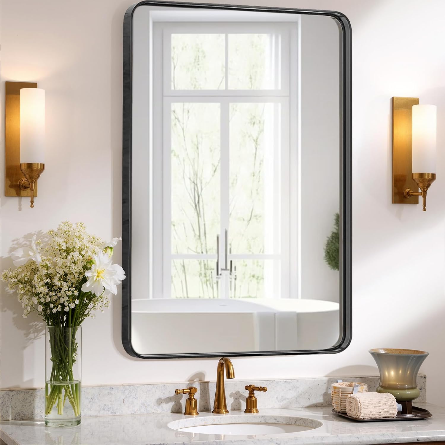 Sweetcrispy Bathroom Mirror 40x30 Inch Black Metal Framed Rounded Rectangle Vanity Mirror for Wall, Over Sink, Farmhouse, Restroom, Anti-Rust, Modern Decorative, Horizontal or Vertical Hanging