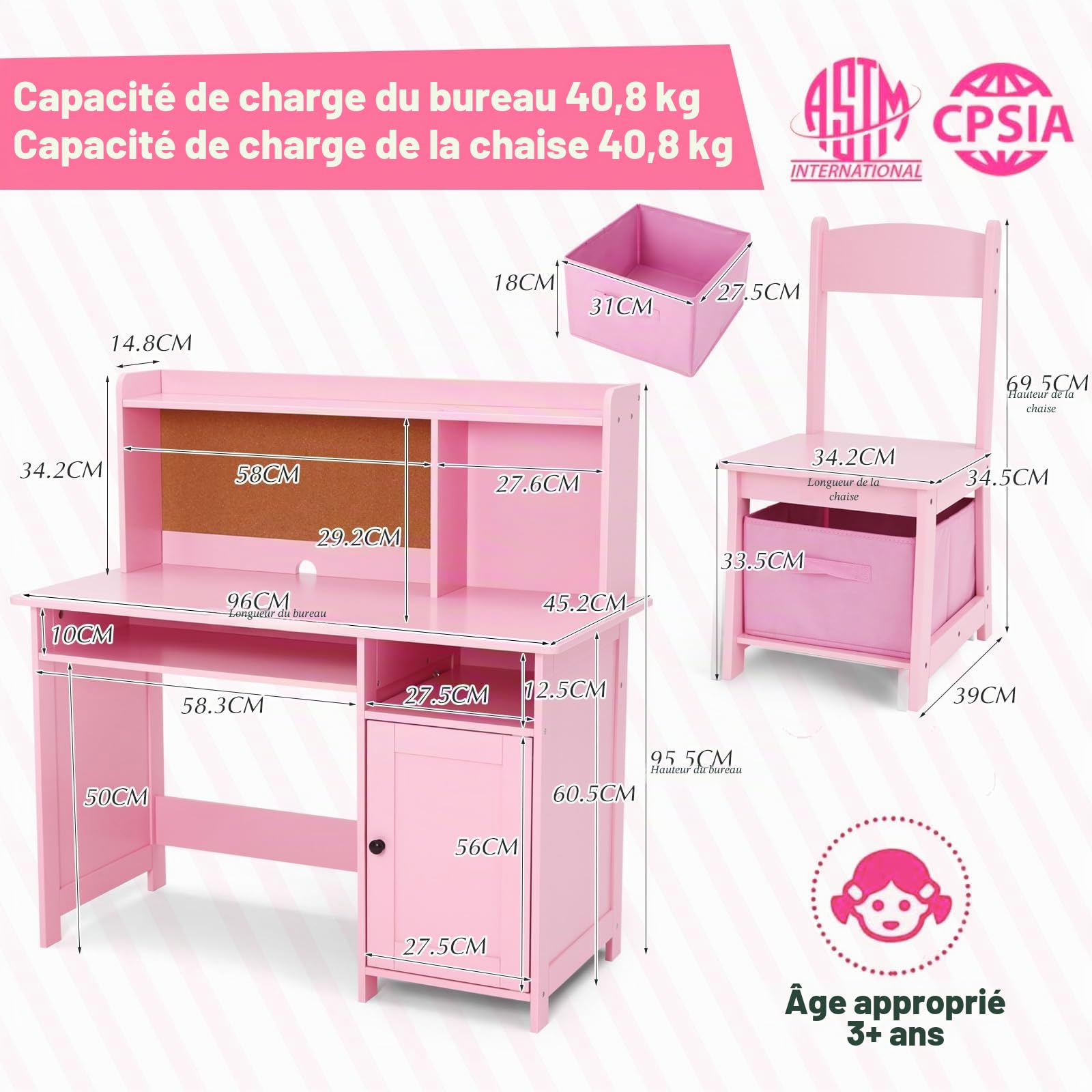 JOYLDIAS Bureau pour Enfant en Bois avec Chaise, Table d'apprentissage Multifonction avec étagères et Rangement (Rose)