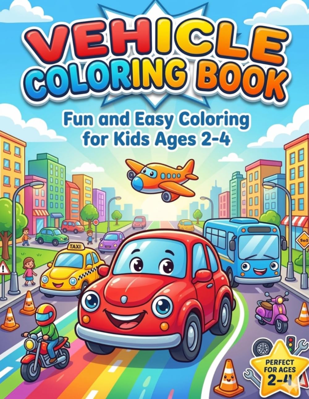 Vehicle Coloring Book for Toddlers: Fun and Easy Cars, Trucks, Tractors, Planes and Construction Vehicles | Simple Bold Designs for Kids Ages 2-4 | First Coloring Book for Boys and Girls