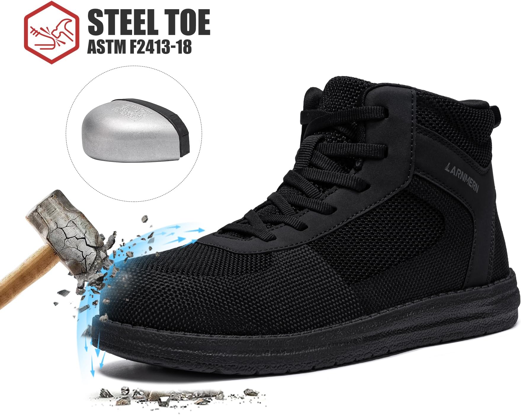 LARNMERN Steel Toe Shoes Men Work Boots Safety Toe Durable Sneakers Lace Up Construction Industrial Welding Boots Comfy and Light(13 Men, Dark Black)