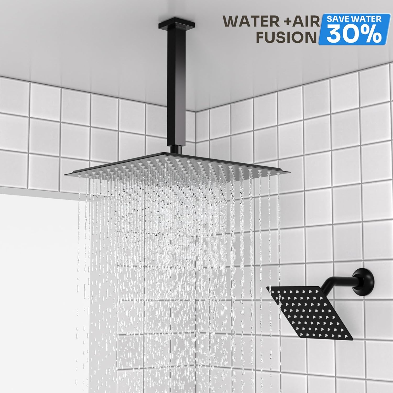 Enga Dual Shower Head Shower System with Body Jets, 12" Ceiling Mounted Rain Shower Head & 6" Wall Mounted Head Full Body Rainfall Shower Faucet with Valve Kit, Matte Black