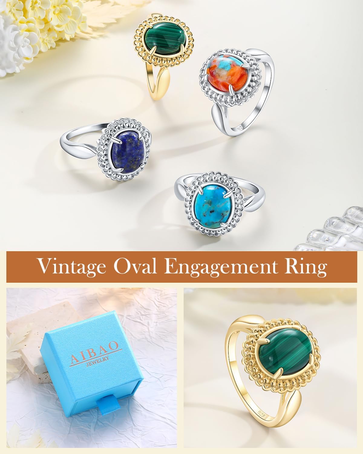 AIBAO Genuine Gemstone Filigree Rings for Women Oval Turquoise/Lapis Lazuli/Malachite Engagement Ring Size 6 to 10 Western Boho Jewelry Gifts for Valentines Anniversary Mother's Day