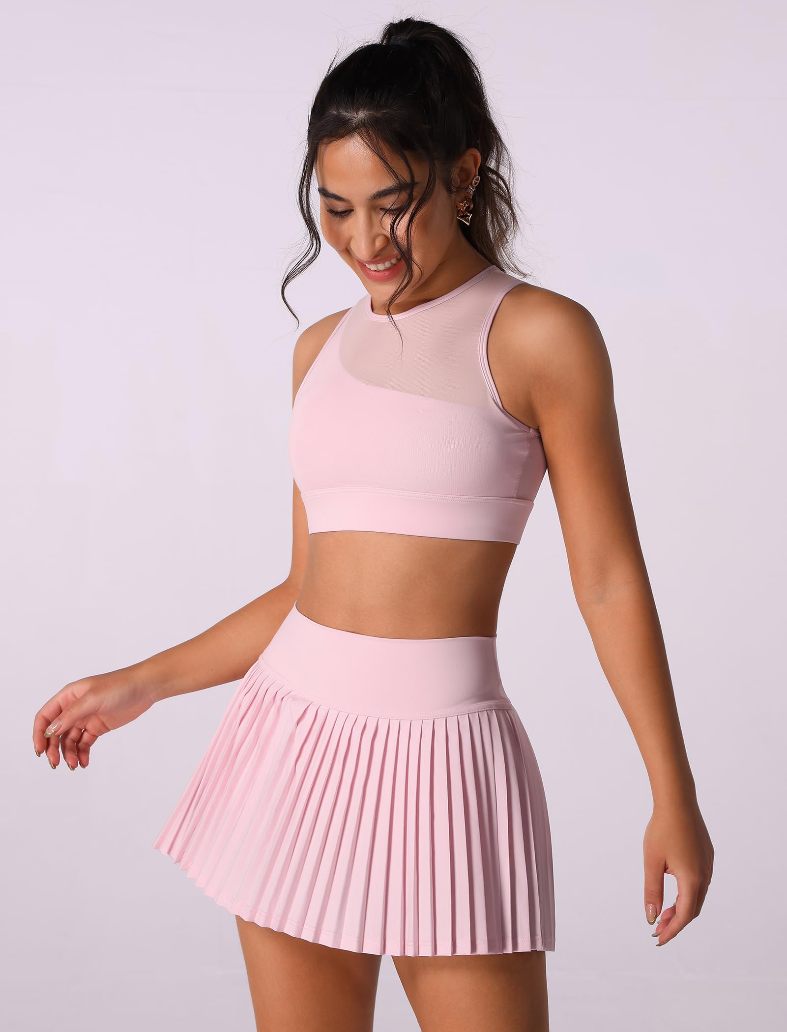 OMEWEE Ensemble de jupe de tennis deux pièces avec bretelles simples, haut en tulle et jupe plissée taille haute