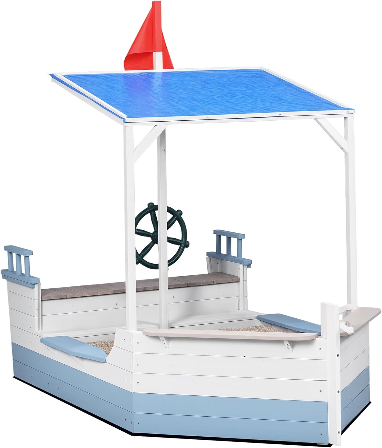 Outsunny Kids Sandbox with Canopy, Pirate Ship Wooden Sand Boxes with Bench for Backyard, Sand Pit for Toddlers, 83" x 43", Blue