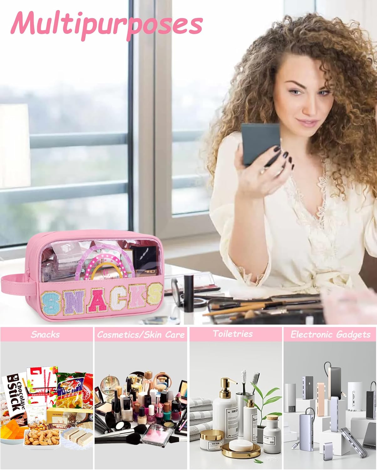 MONSTINA Snack Bag Clear Pouch, Makeup Travel Toiletry Bag, Clear Embroidery Letters Cosmetic Bag for Women Girls,Valentine's Gifts for Teens - Image 4