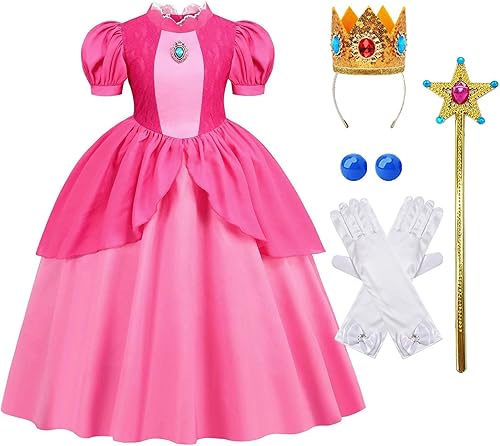 AmzMach - Disfraz de princesa melocotón para niñas, vestido rosa clásico, cosplay, fiesta de Halloween, disfraz de cumpleaños para niños, de 3 a 12