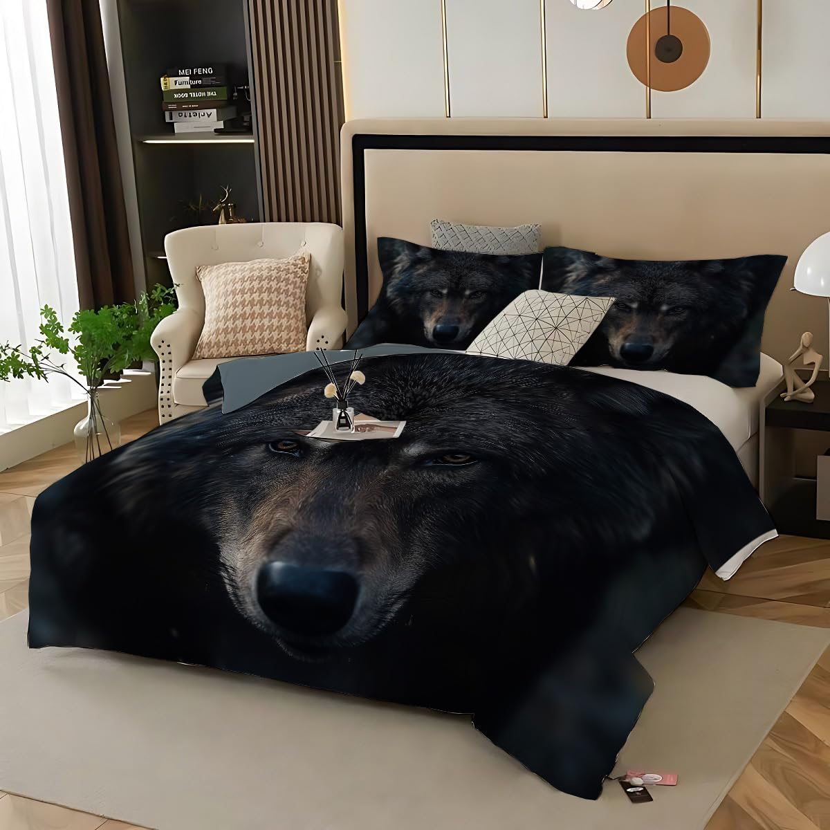 Housse de couette loup gris parure de lit 140x200 cm douce réversible