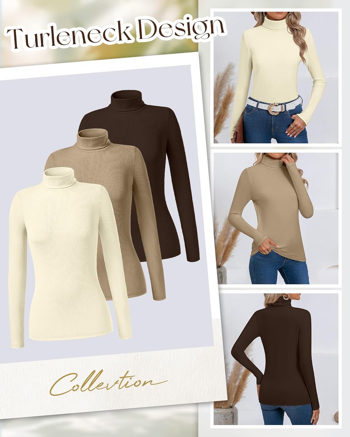 Ficerd 3 Pack Women's Ribbed Thermal Turtleneck Tops Long Sleeve Stretch Shirts Knitted Fitted Lightweight Base Layer - Image 4