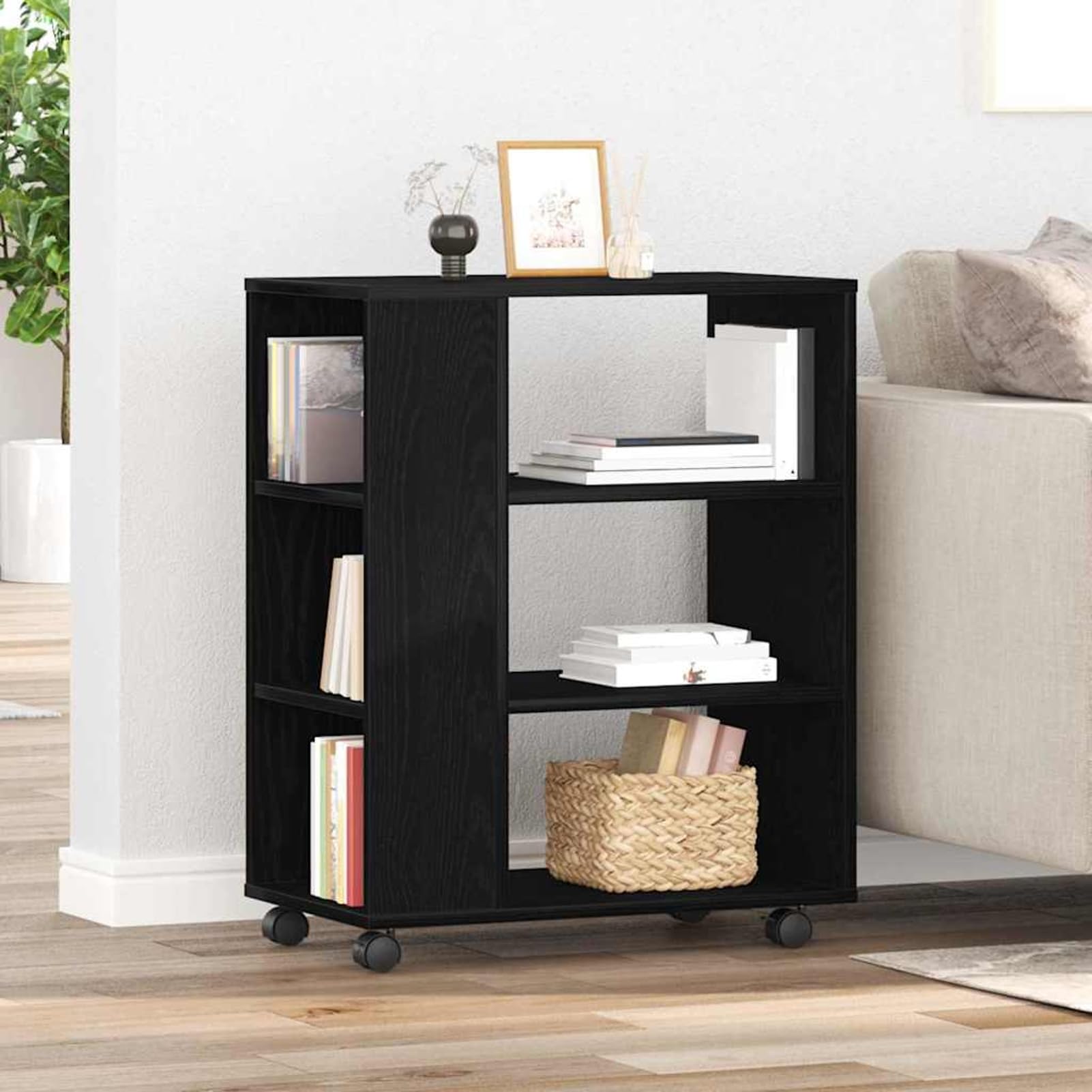 Aufbewahrungsschrank mit Rollen Schwarz Eichen-Optik Holzwerkstoff 60x35x75 cm 3 Fächer für Büroorganisation