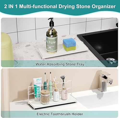 Miniatura 4 de Johamoo Soporte para cepillos de dientes 2 en 1 para baños, 5 ranuras para cepillos de dientes eléctricos de diatomita, organizador de cepillo de