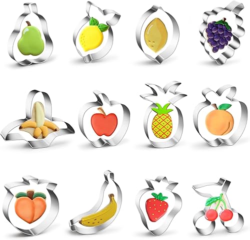 Juego de 12 cortadores de galletas de frutas, moldes de metal de acero para cortadores de galletas, manzana, plátano, naranja, melocotón, pera,