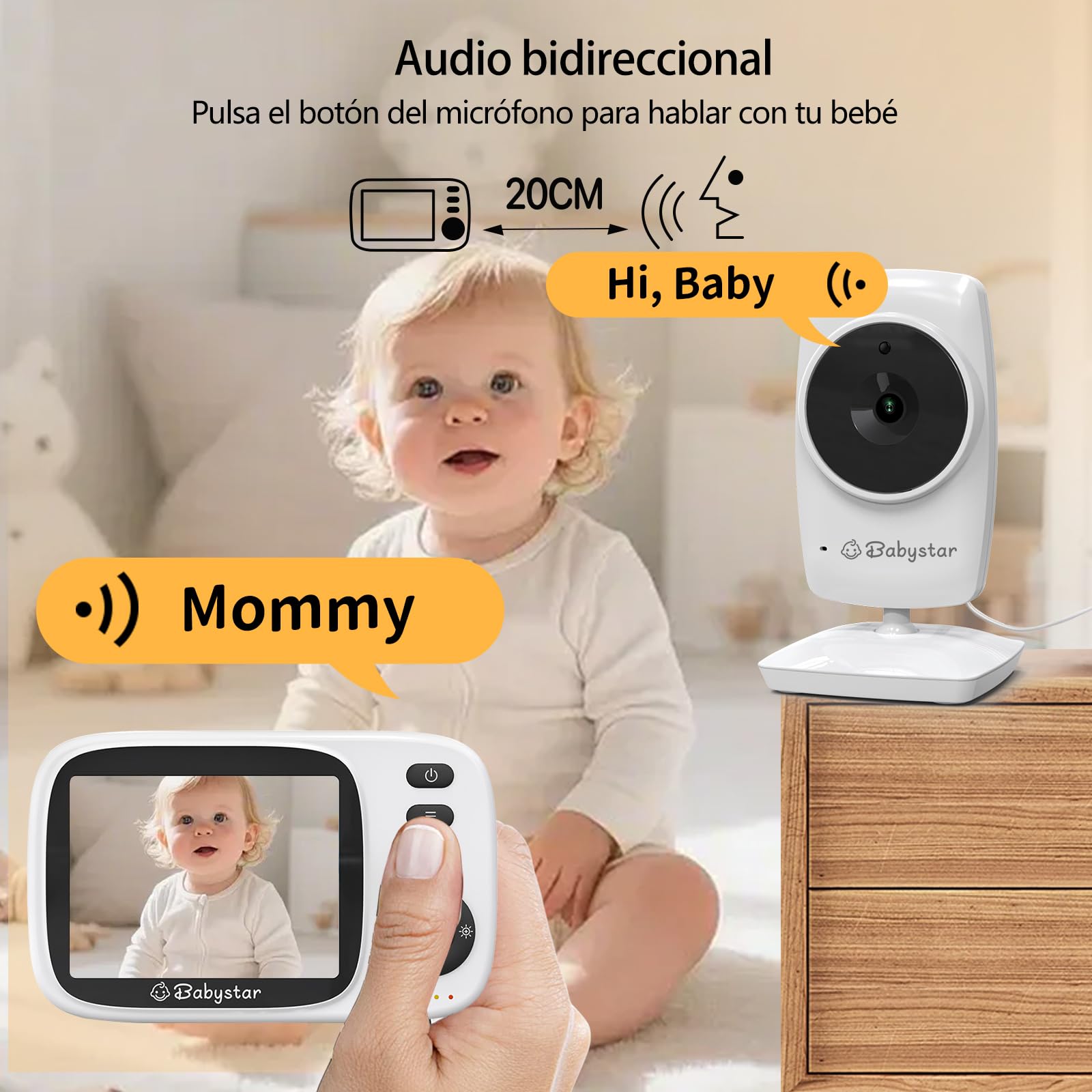 Babystar Vigilabebés con Cámara, Camera Vigilancia Bebe con LCD 3.2",VOX,Zoom 2X,visión Nocturna, lulabies, Monitoreo de Temperatura, sin WiFi,Comunicación Bidirecciona Escucha Bebes