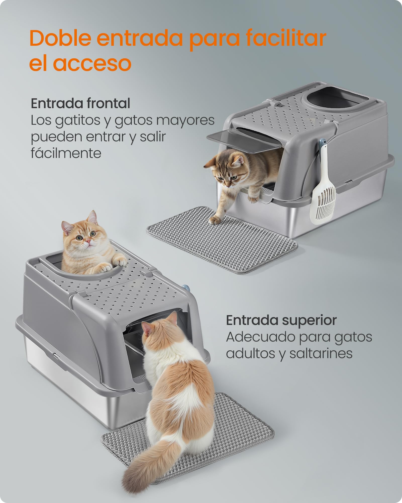 Feandrea Caja de Arena de Acero Inoxidable para Gatos con Tapa Abatible, Arenero XL, a Prueba de Fugas, Cuchara, Cepillo, Doble Entrada, Carga de Encimera de 15 kg, Gris Paloma PPT005G01