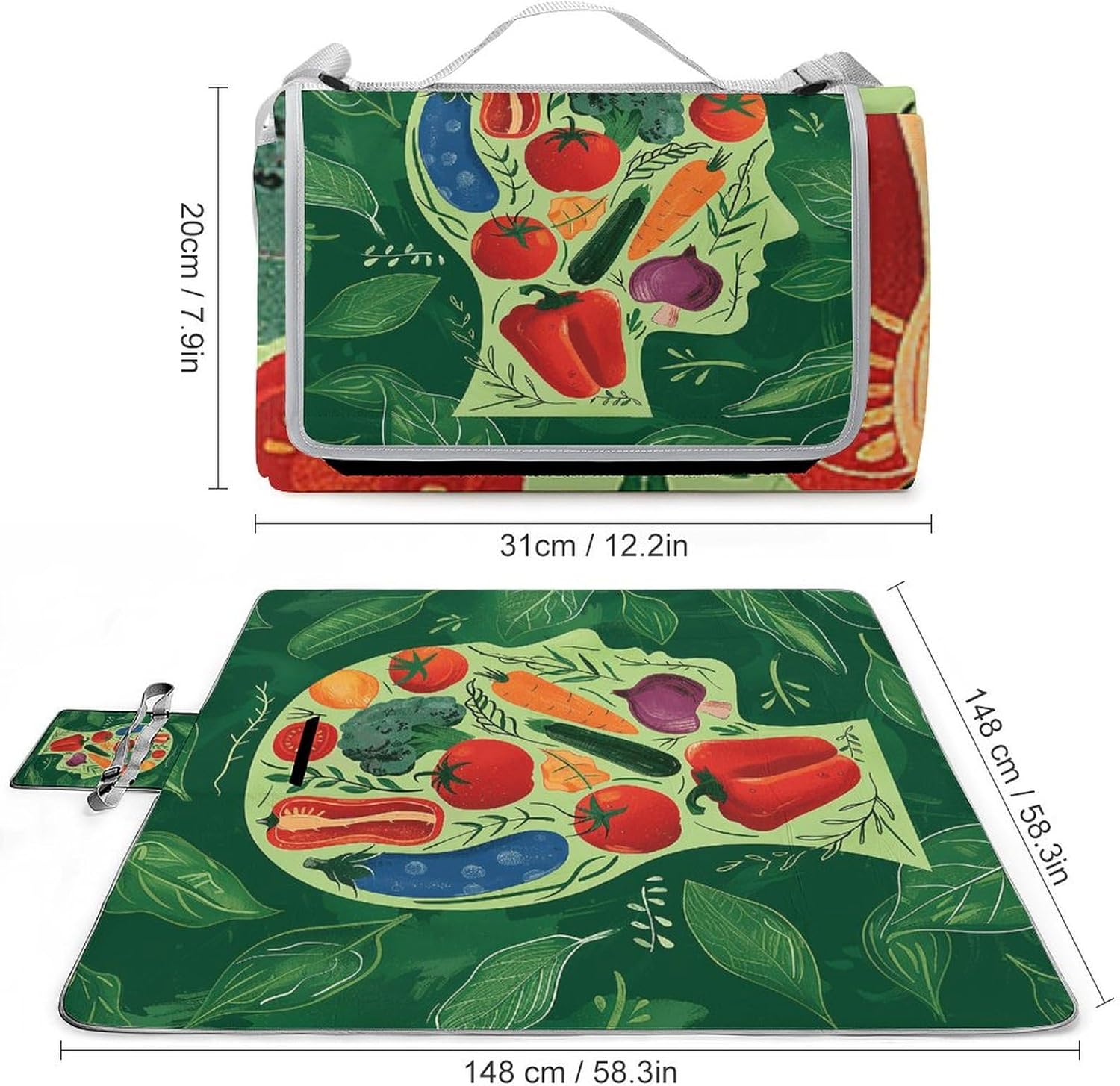 Outdoor Picnic Blanket Extra Large Beach Blanket Waterproof Picnic Mat Head and Vegetables Camping Blanket Portable with Carry Strap Park Blanket for Grass Camping Park
