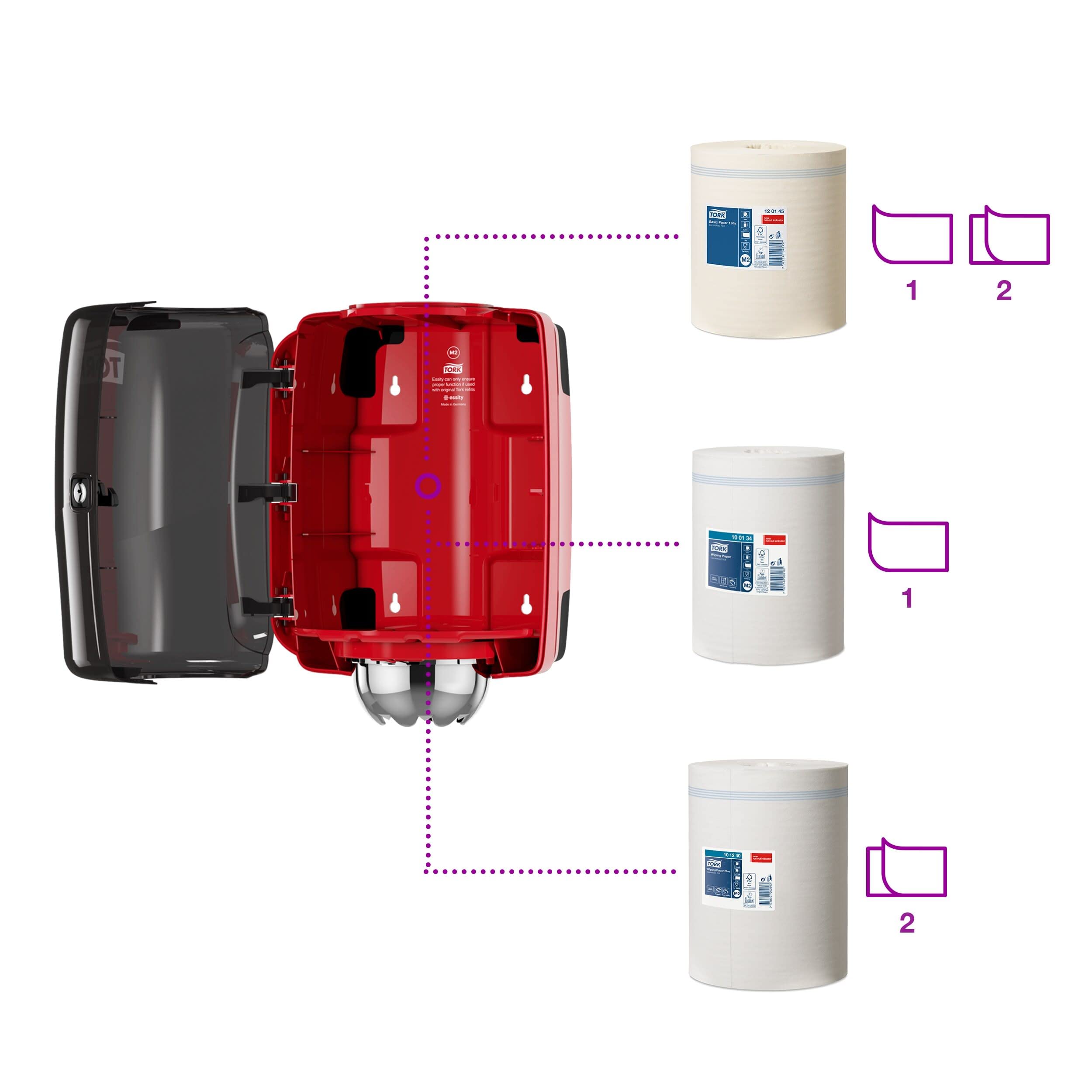 Tork 659008 Dispensador de alimentación central Performance / Soporte de papel mecha compatible con el sistema M2 / Negro y Rojo