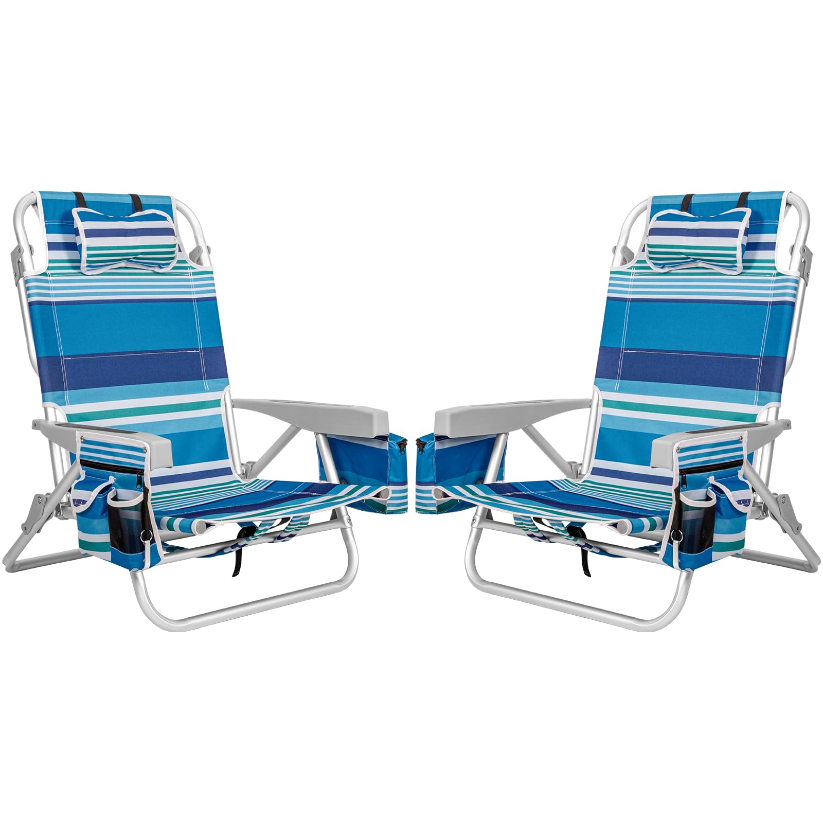 2Pk Aluminum Extra Wide 5-Position Lay Flat Folding Backpack Beach Chairs for Adults, with Cooler Bag, Cup&Phone Holder, Towel Bar for Outdoor Lawn Picnic Sport, Portable Camping Chairs, Blue Stripes