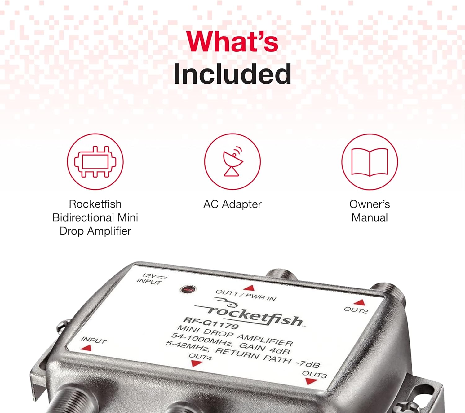 Rocketfish RF-G1179 Coaxial Amplifier and included accessories