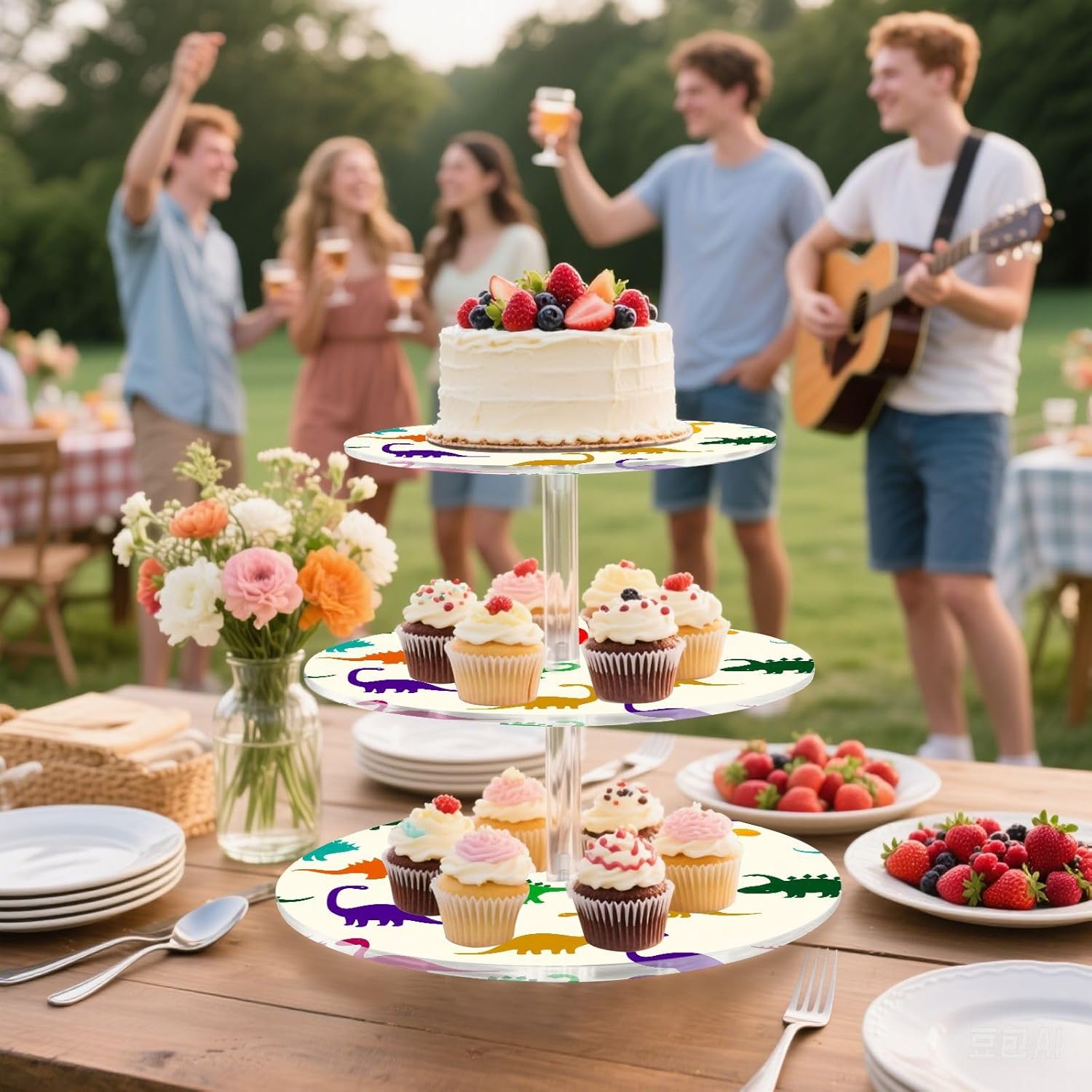 Little Dinosaur 3 Tier Acrylic Cupcake Stand, Cupcake Stand for 34 Cupcakes for Weddings,Christmas,Holidays,Parties,Birthday,Printed Cupcake Tower 23300001