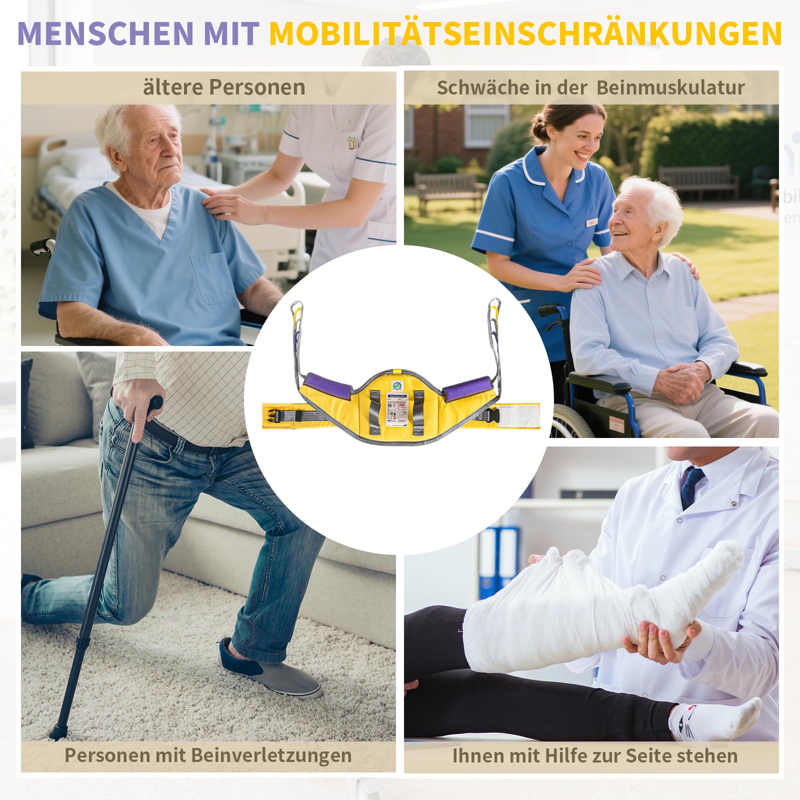 EZ Assistive Sitz-zu-Stand-Hebeschlinge für das Aufrichten oder Anheben von Patienten, gepolsterte Aufstehhilfe-Hebeschlinge zum Transferieren – maximale Traglast 500 lbs (Gelb, Mittel)