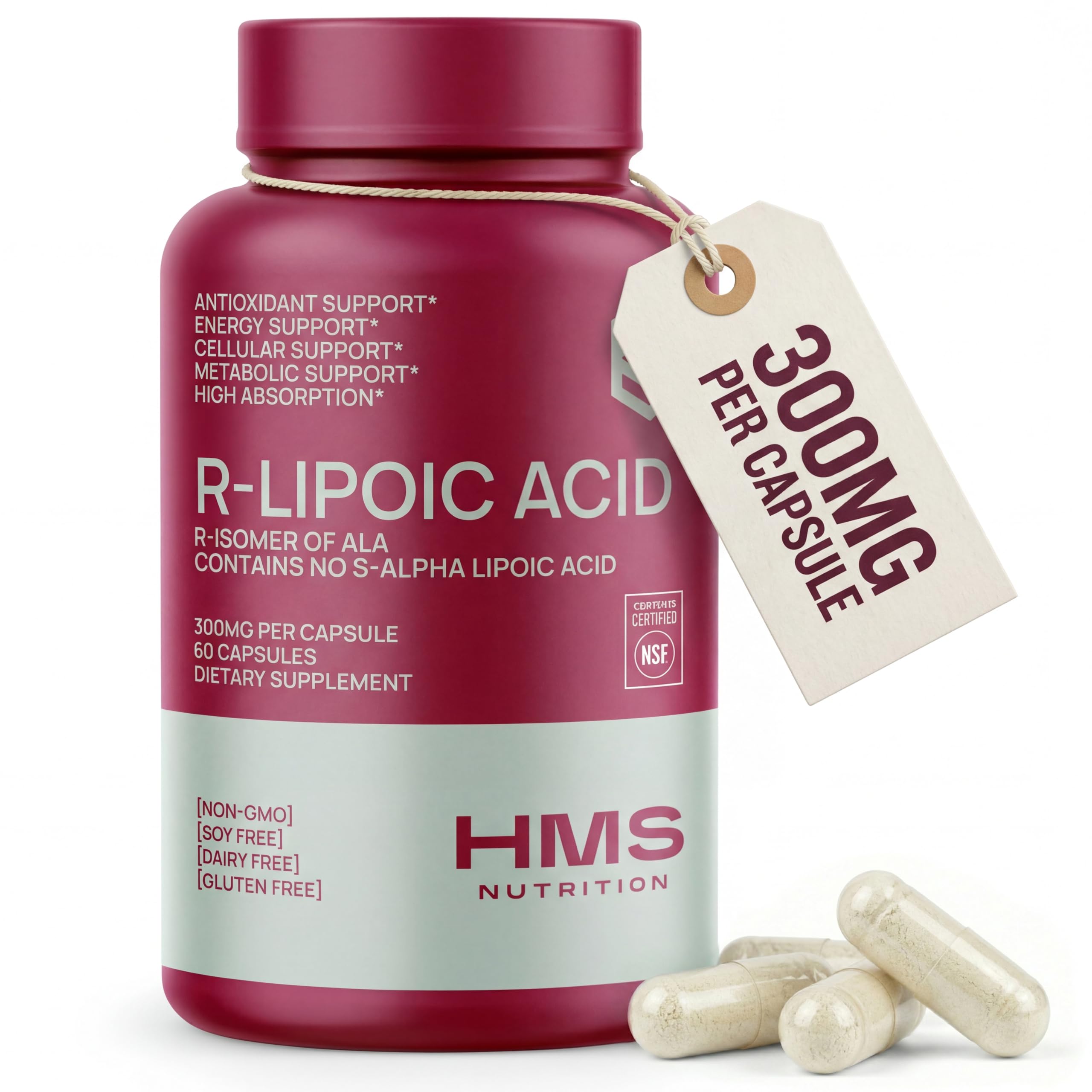 Stabilized R-Lipoic Acid 300 mg per Serving — Pure R Alpha Lipoic Acid (R-ALA) High Potency Active R Isomer Antioxidant Nerve & Metabolism Support — NSF Certified Non-GMO Vegan 60Capsule