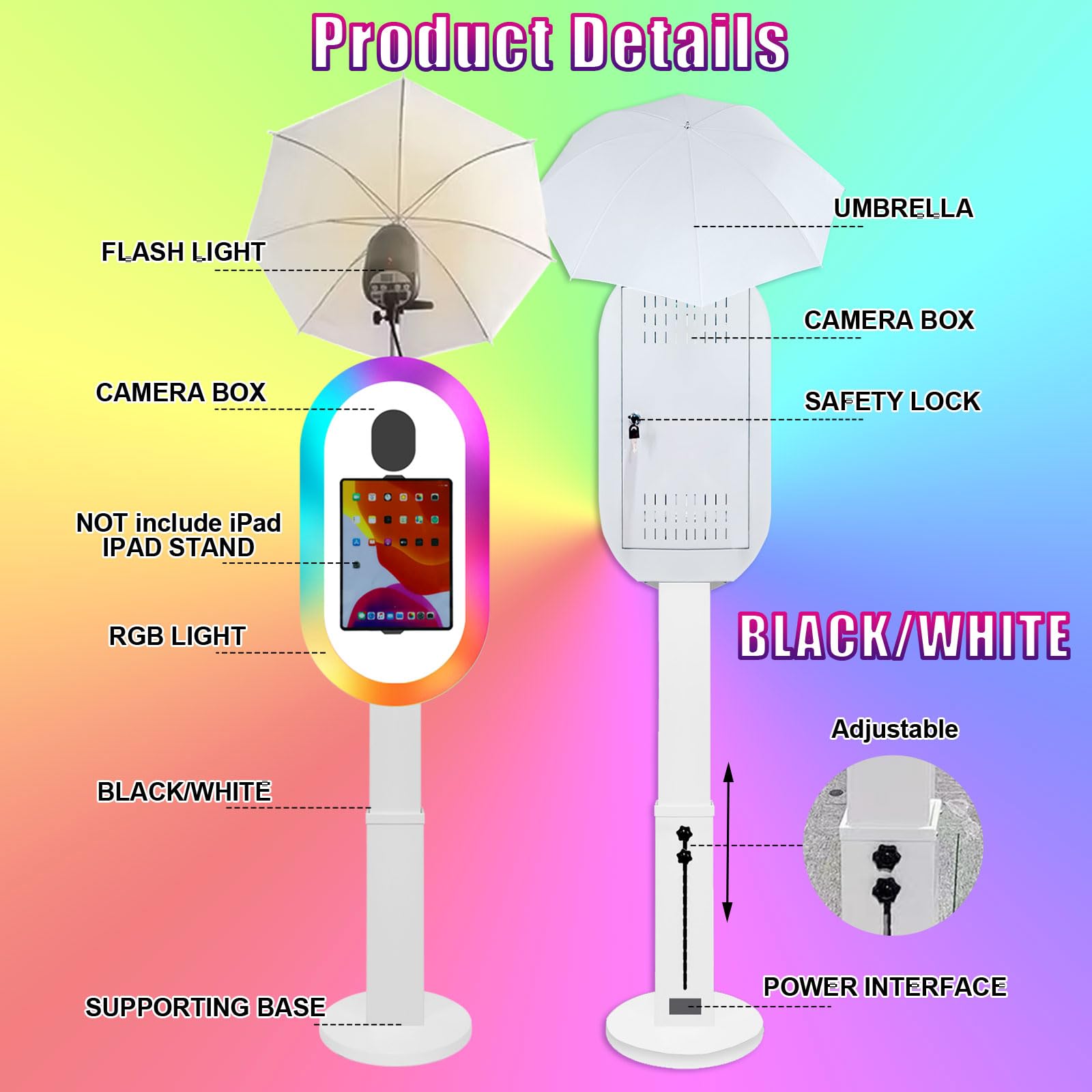Cabina de fotos compatible con iPad de 10.2 a 13 pulgadas con luz RGB y soporte de carcasa de linterna, máquina de fotomatón para selfie, para eventos, alquiler, boda (blanco, máquina de