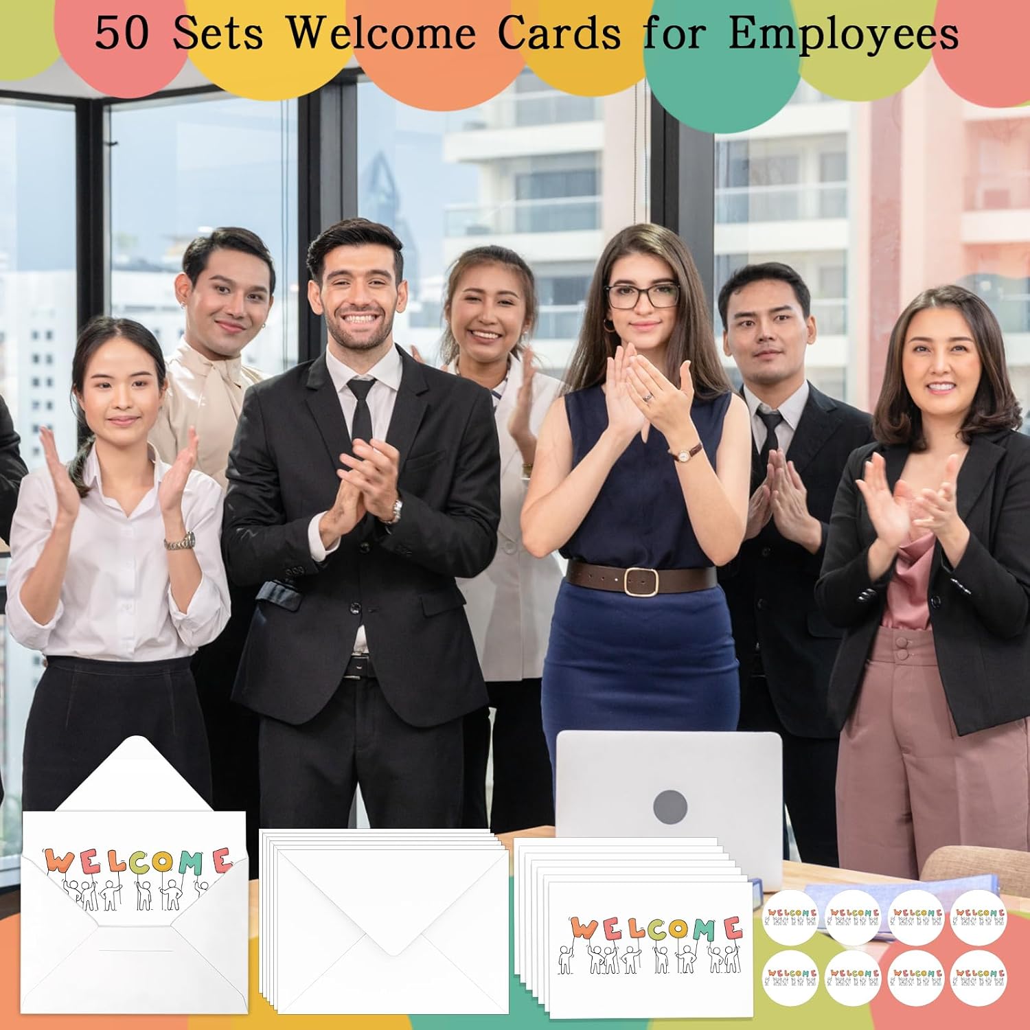 Harloon 50 Sets Welcome Cards for Employees Guests Welcome Card with Envelopes and Welcome Stickers Blank Interior Business Greeting Card Welcome Postcards for Work Team Guest Employee - Image 6