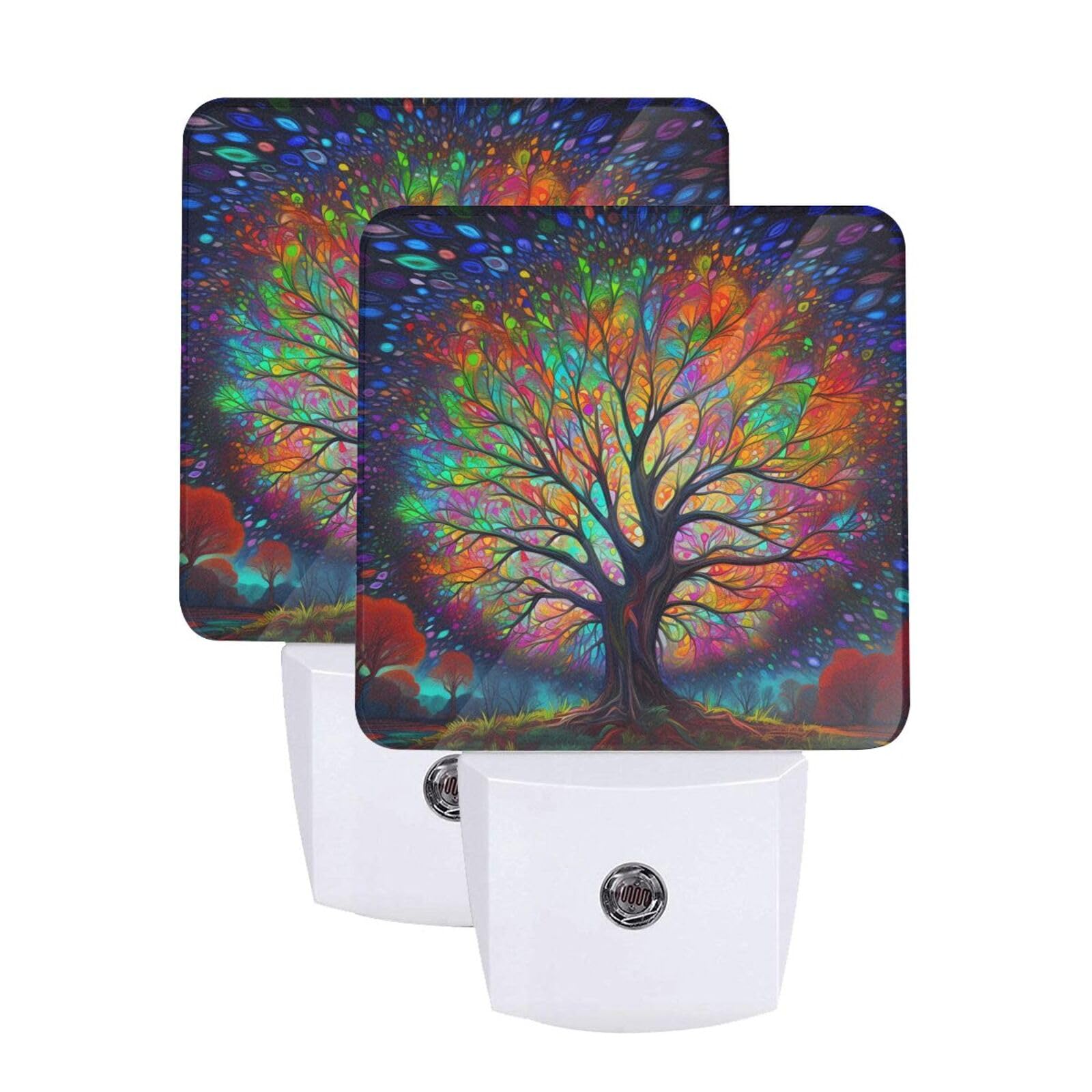 Colorful Tree of Life Night Light Set of 2, Auto Sensor LED Dusk-to-Dawn Nightlights, Plug-in Sensor Lamp for Bedroom Bathroom Kitchen Hallway Stairs Decorative