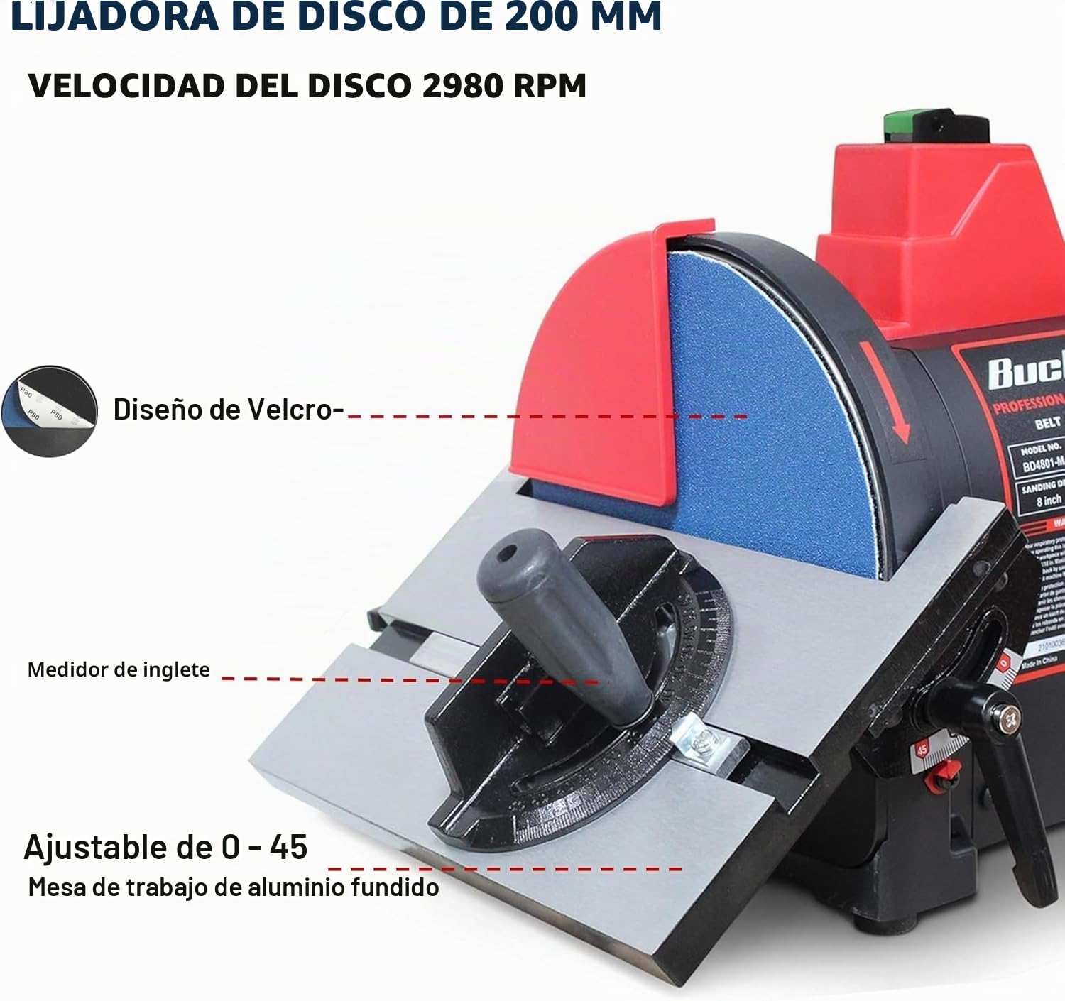 BUCKTOOL Lijadora de banda para metal, lijadora de banco de 700 W, 100 x 914 mm, disco de 200 mm | Motor de accionamiento directo y ángulo de lijado ajustable para desbarbado, moldeado, acabado y taller de metalurgia