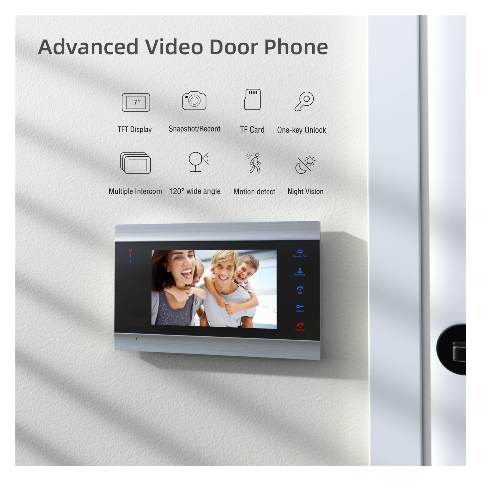 7 Pouces 1080P TFT Système D'interphone Vidéo Filaire Caméra De Téléphone De Porte, Prise en Charge De L'enregistrement/Sonnette Instantanée(Size:1M2D)