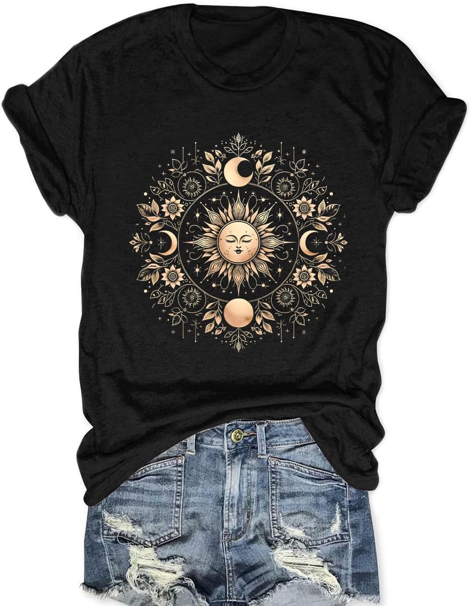 Boho Tops for Women Mystic Moon and Sun Wildflowers T-Shirt Celestial Tees Spiritual Astrology Shirt