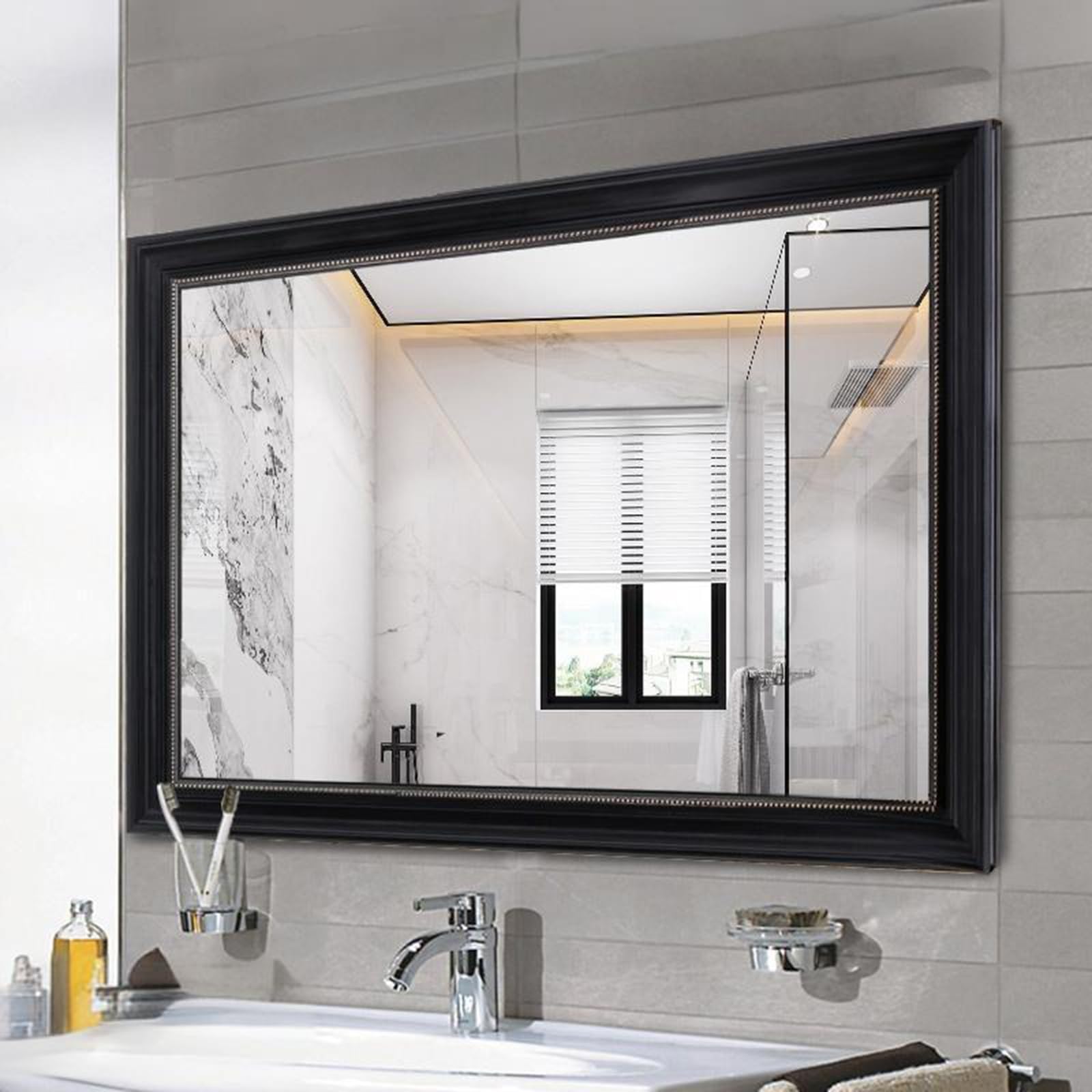 BKSXSOP Retro Rectangular Bathroom Mirror with Wood Frame - Wall-Mounted Antique for Makeup & Shaving, Stylish Home Decor Hallway (Black, 60x80cm/23.6x31.5in)