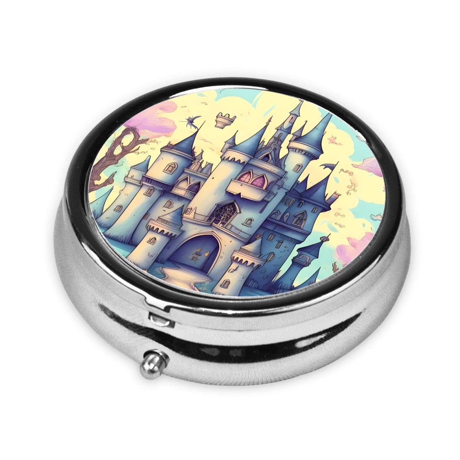 Cute 3-Compartments Round Pill Box Fairytale Castle Small Pill Case Portable Medicine Dispenser,for Pocket Purse