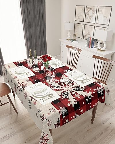Miniatura 8 de Manteles cuadrados  redondos de copo de nieve de Navidad de 52 x 52 pulgadas, mantel a cuadros rojos y negros, sin arrugas, decoración de mesa para