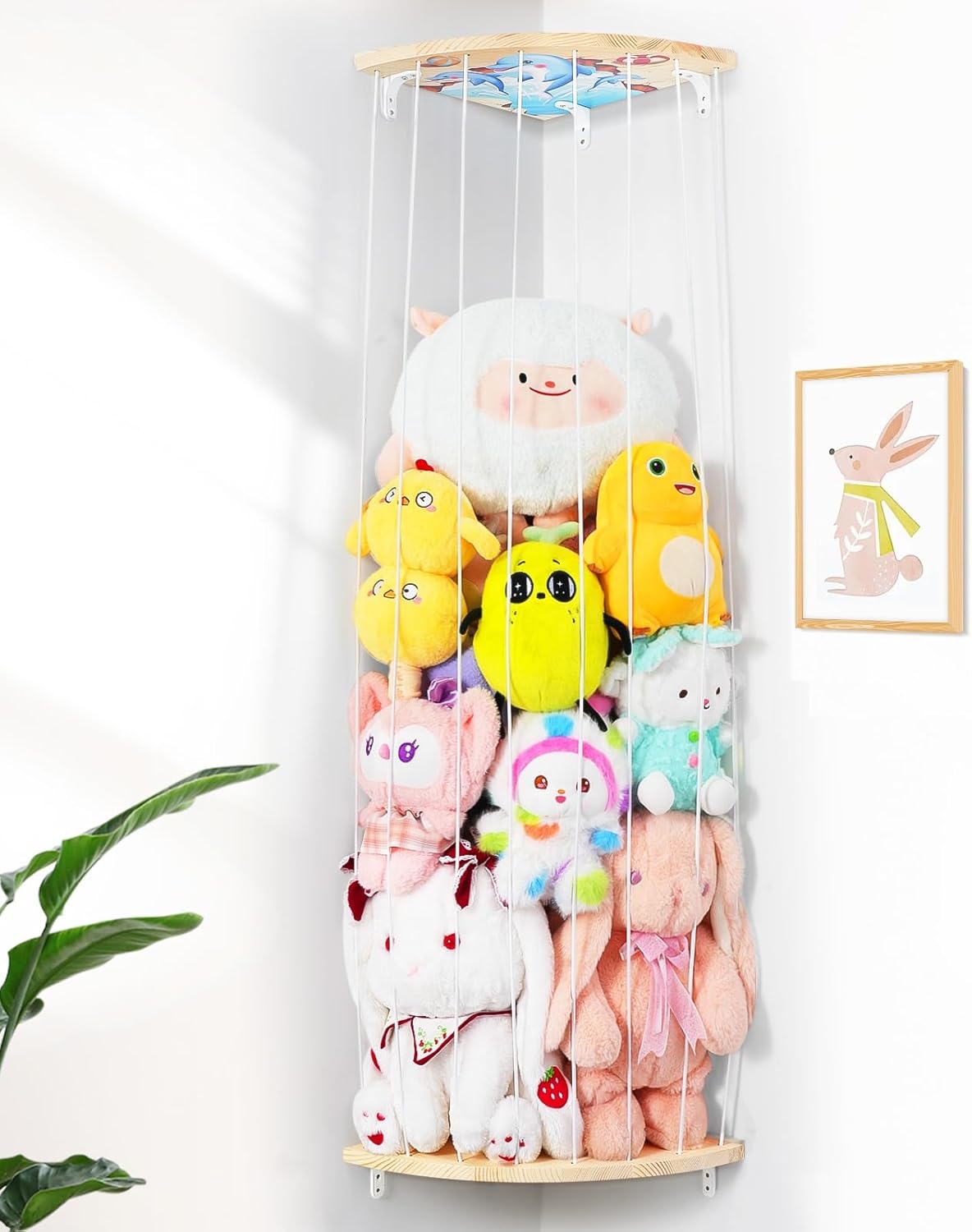 Corner stuffed animal storage net with height-adjustable wood frame