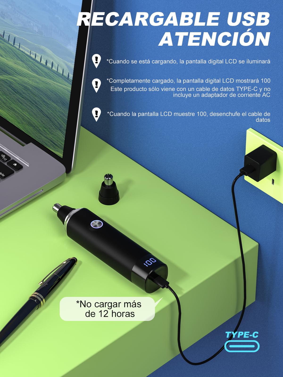 Brigin Cortapelos Nariz y Oreja Profesional Indoloro,Recortador Pelos Nariz Vello Facial,Quita Pelos resistente agua USB recargable,Hoja de Doble Filo Impermeable Fácil de Limpiar (XJQ-5001) — view 3