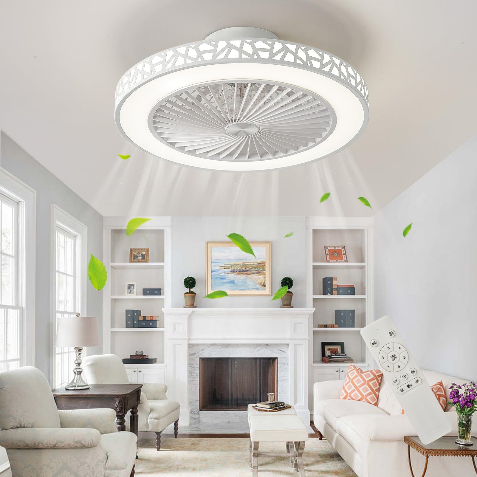 Ceiling Fan with Lights, 19'' LED Bladeless Ceiling Fan Light Reversible Modern Low Profile Flush Mount Dimmable 6 Speeds Quiet Timing for Bedroom Living Room