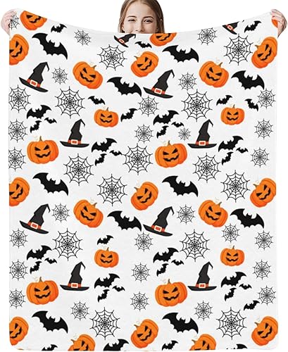 Miniatura 2 de Manta de Halloween con diseño de telaraña, calabazas, sombrero de bruja, murciélagos negros, manta de franela suave, cálida y acogedora para