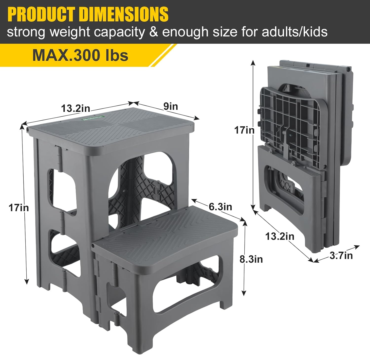 Folding 2-Step Stool for Adults Kids Non-Slip Collapsible Portable Step Stool for Kitchen Home Toilet Bedroom Office Bathroom Rv,Holds 300 Lbs(White)