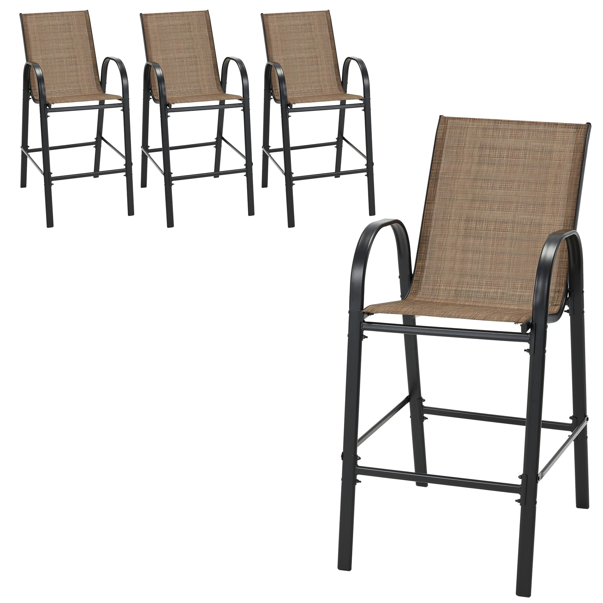 HOMREST Outdoor Bar Height Stools Set of 2,High Back Patio Chairs with Armrests,Textilene Chairs with Breathable Fabric &amp; Metal Frame for All Weather,Light Grey (4, Brown)