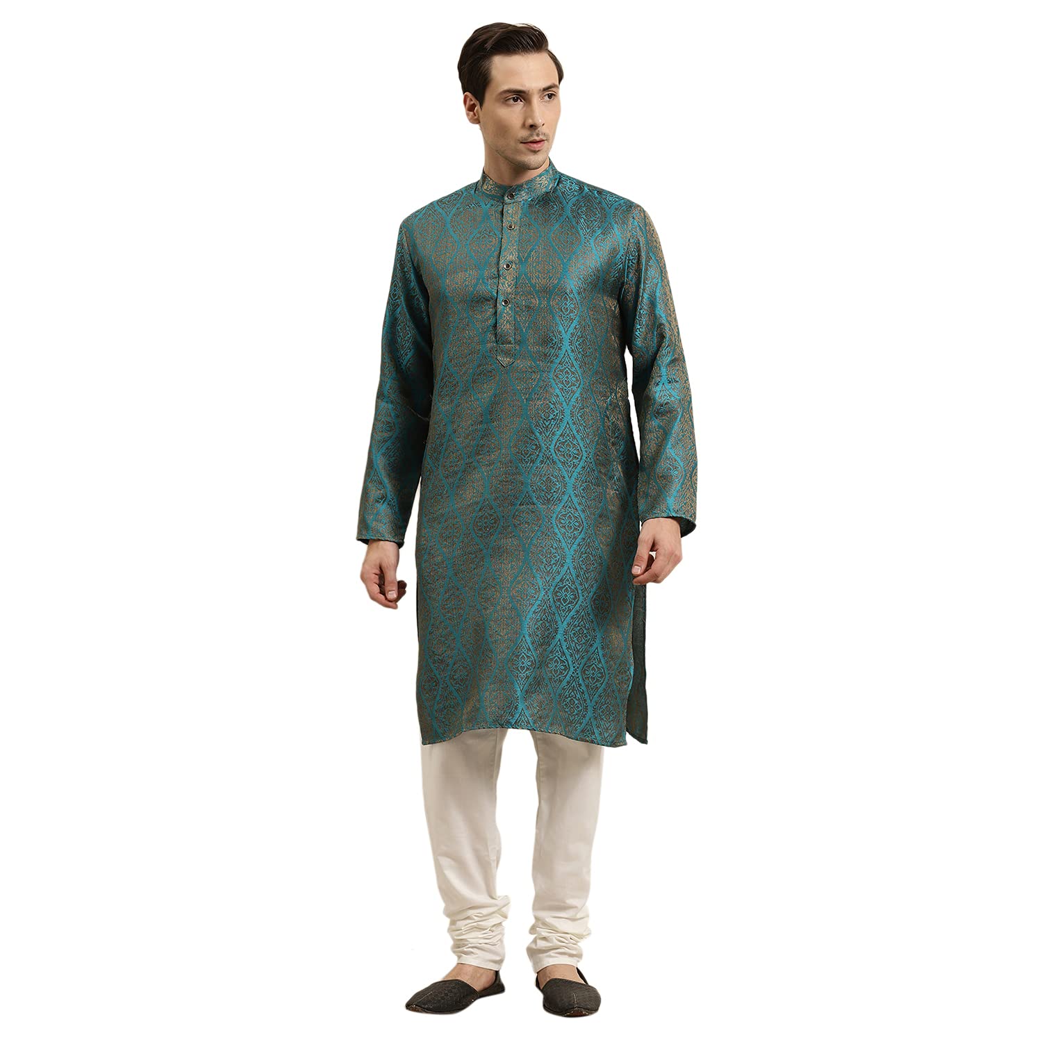 sojanya (Since 1958 Men's Jacquard Silk Teal Blue & Gold Kurta & Off-White Churidar Pyjama Set Size 36-picture-28