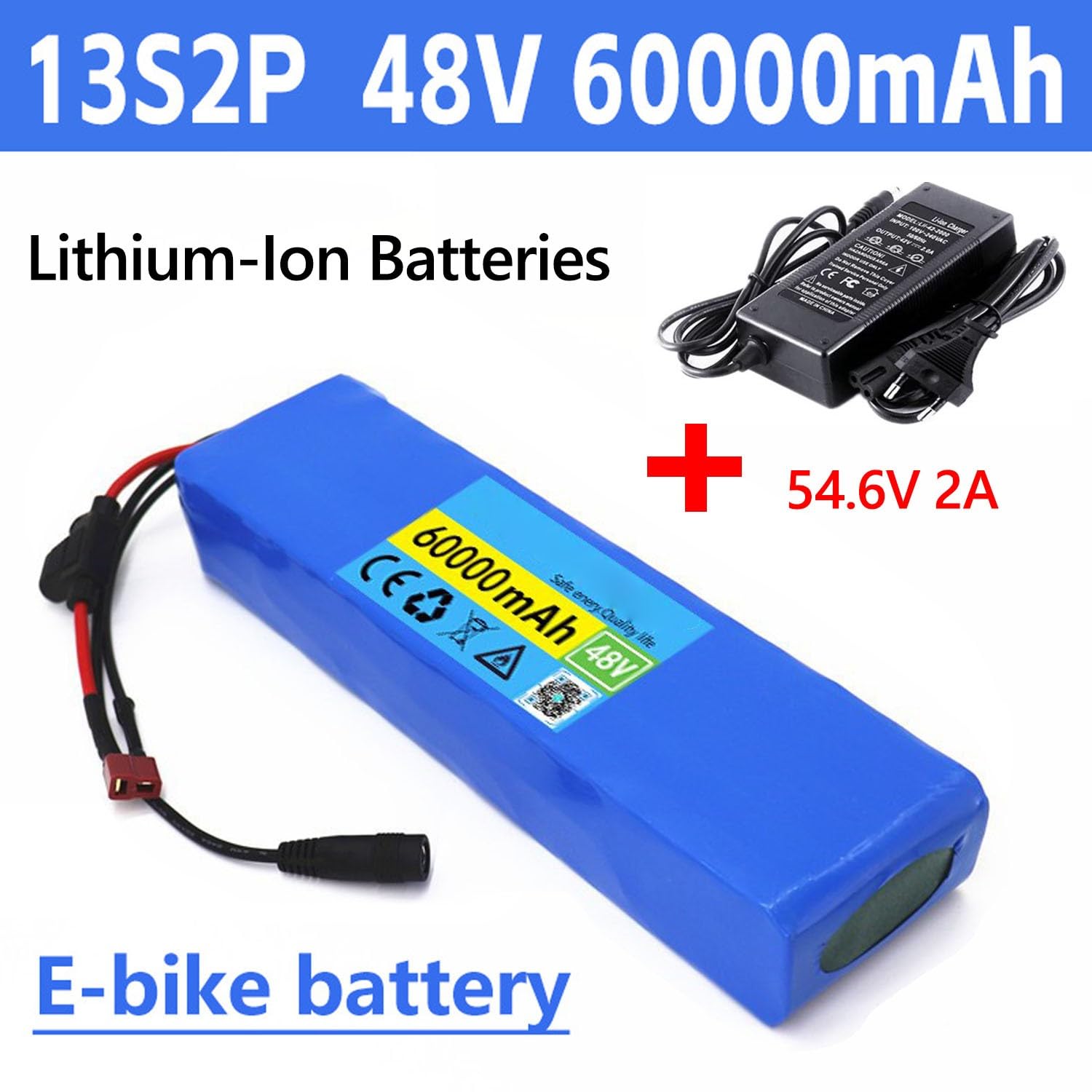 Batería E-Bike 48V 60Ah 13S2P Bicicleta Eléctrica Batería de Ion Litio para 200W-1000W Motor Bicicleta Eléctrica Scooter con BMS y Cargador 54.6V 2A