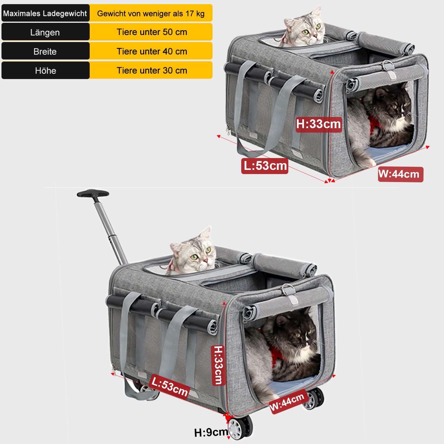 Trasportino Doppio Per Gatti Con Ruote | 2 Scomparti | 55x44x33cm | Ideale Per Viaggi E Veterinario - Foto 9