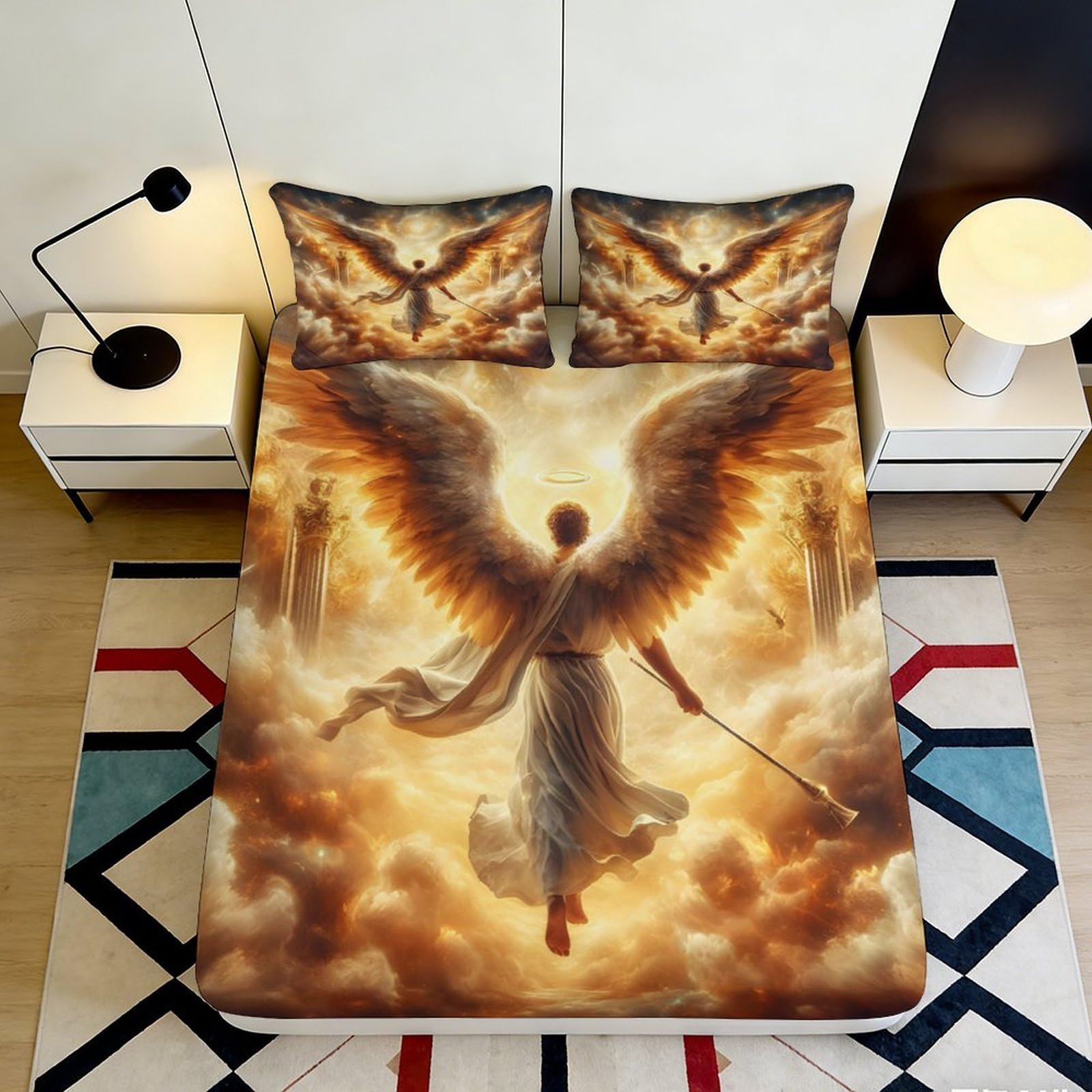 Uynsixtme Style-3 3D Printed Angel Fitted Sheet Microfiber Deep Pocket Non-Slip Bedroom Bedding Angel Mattress Fitted Cover For Adults Teens 90X200x25cm