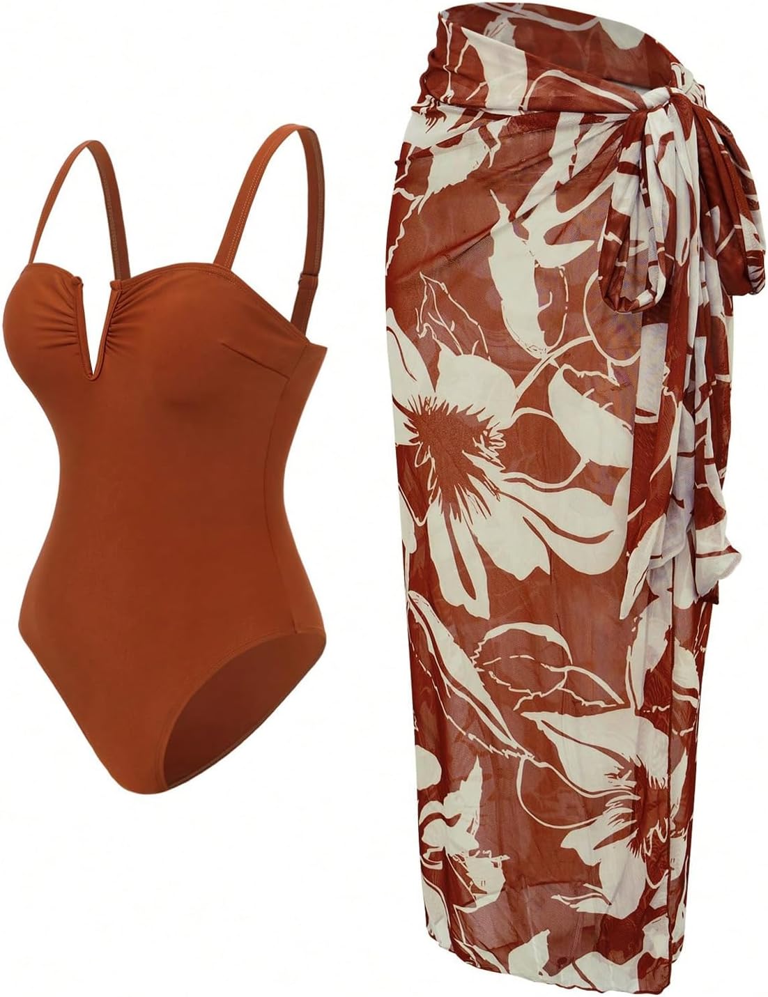 WDIRARA Women's One Piece Swimsuit with Floral Wrap Sarong Beach Skirt Two Piece Bathing Suit