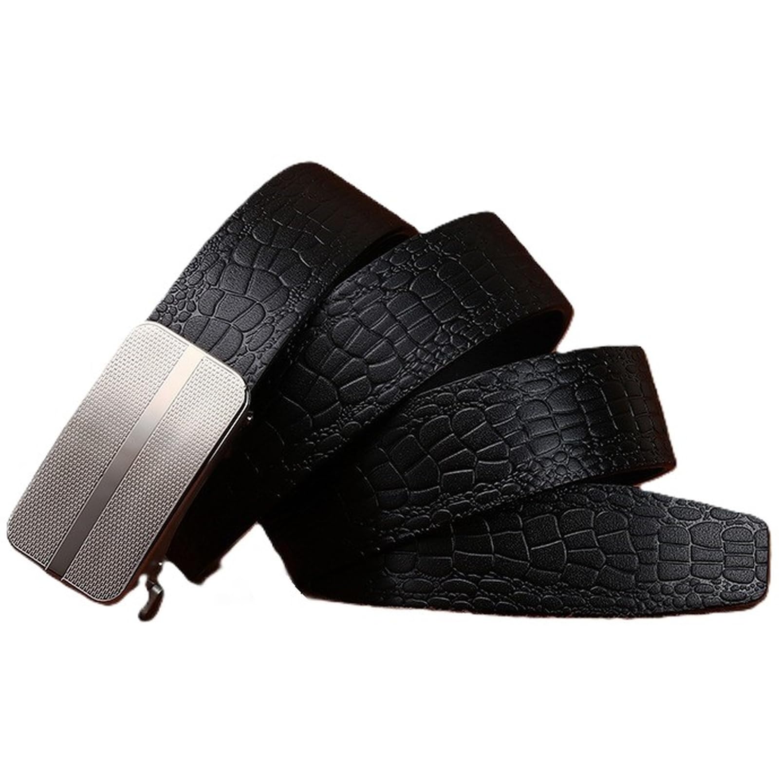 AGUTALITHIC Men Women Ratchet Crocodile Pattern Cowhide Leather Belt with Silver Square Automatic Buckle 3.4cm Embossed Strap(110cm/43, Black)