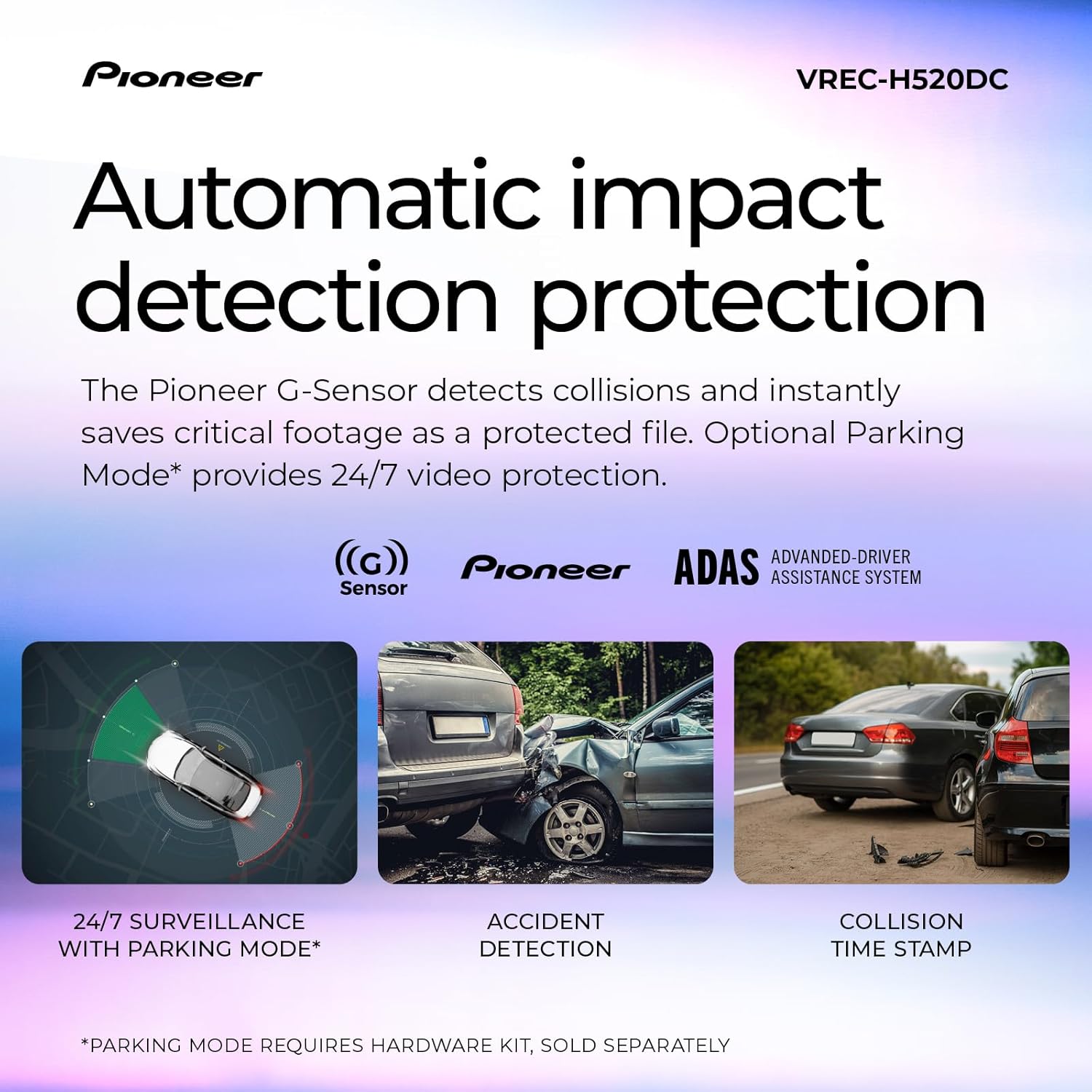 Pioneer VREC-H520DC Dual Dash Cam Front and Rear Car Camera - Large Screen, 2K Resolution, Starvis Night Vision, 140 Degree Wide Lens, ADAS Safety Alerts, Built In GPS, Impact Detection, 24/7 Coverage