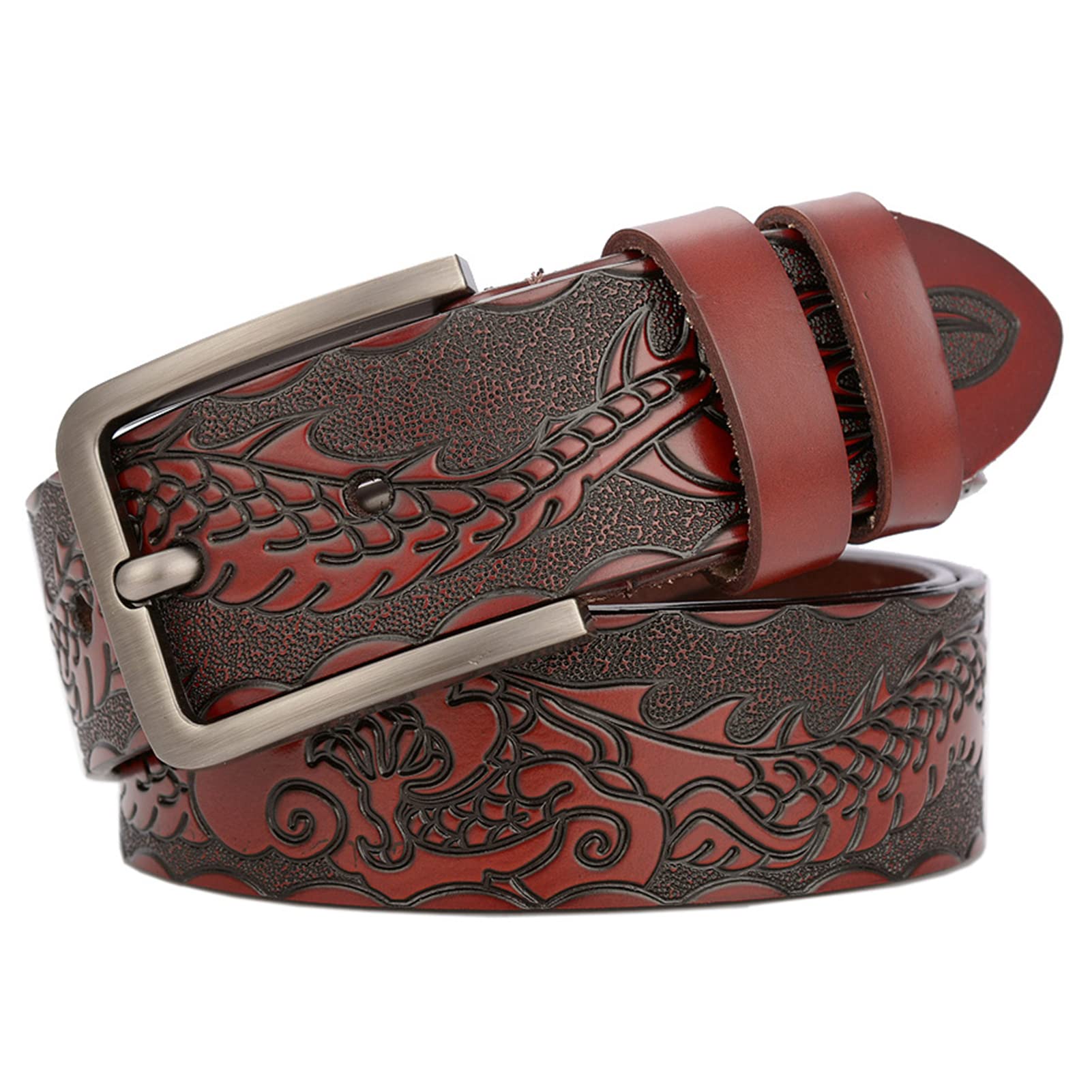 YOPADO Vintage Embossed Leather Belts with Western Dragon Engraved Handmade Classic Belts for Jeans Pants Dresses Accessories(115cm/waist:39