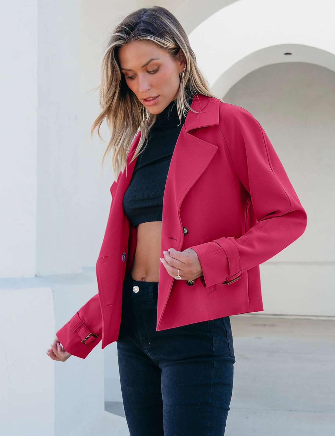 luvamia Cropped Trench Coat for Women Long Sleeve Double Breasted Notched Lapel Casual Loose Fit Jackets with Pockets - Image 3